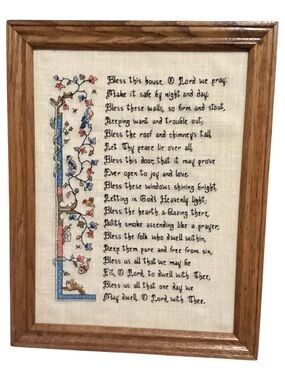 Vintage “Bless This House” Prayer Needlepoint Embroidery Framed Wall Art